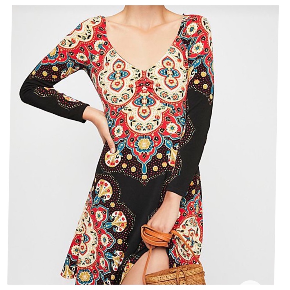 RARE Free People Gabby Folk Motif Long Sleeve Mini Dress, XS